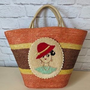 Vintage Colorful Whimsical Large Woven Straw Bag